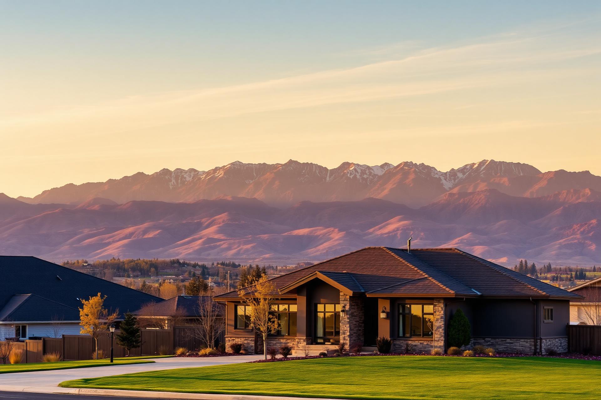 Modern Utah home with Wasatch mountain backdrop at golden hour